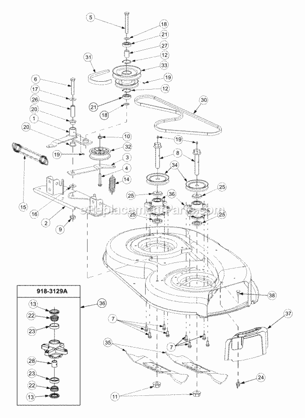 Spindle Assembly 38-Inch Diagram and Parts List for LT2138 13A-214F710 Cub Cadet Lawn Tractor